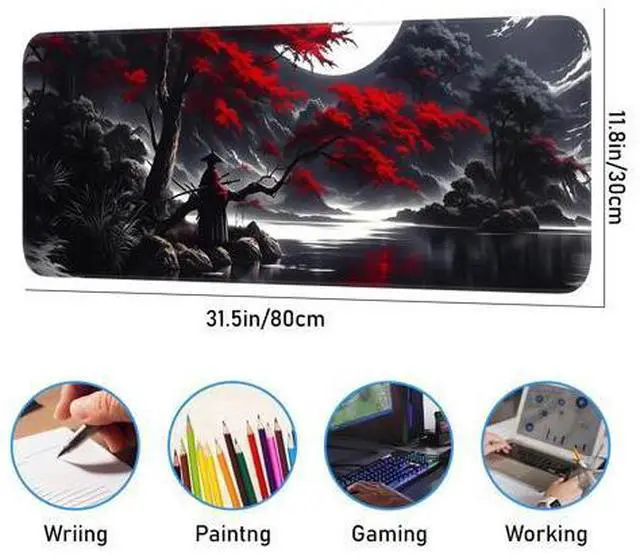 Alt view image 3 of 7 - Japanese Dark Red Moon Gaming Mouse Pad, Extended Mouse Pad with Non-Slip Base, Full Keyboard Pad with Stitched Edges, Large Desk Pad for Gaming, Office, Home 31.5 x 11.8 Inch
