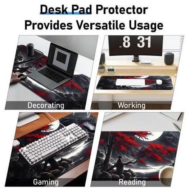 Alt view image 7 of 7 - Japanese Dark Red Moon Gaming Mouse Pad, Extended Mouse Pad with Non-Slip Base, Full Keyboard Pad with Stitched Edges, Large Desk Pad for Gaming, Office, Home 31.5 x 11.8 Inch