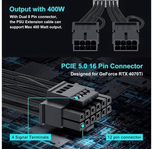 Alt view image 2 of 7 - Bangfun PCIE 5.0 16Pin GPU Power 12VHPWR Extension Cable, 16Pin(12+4) Male to 2X8Pin Female GPU Adapter Extender Cord Designed for Geforce RTX 4070 4070Ti Super 5090 5080 5070Ti-13Inch Black