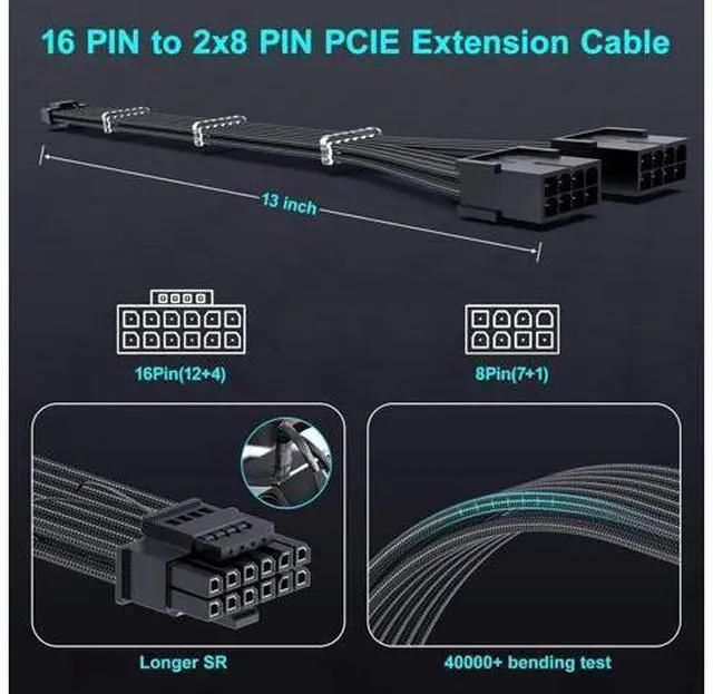 Alt view image 5 of 7 - Bangfun PCIE 5.0 16Pin GPU Power 12VHPWR Extension Cable, 16Pin(12+4) Male to 2X8Pin Female GPU Adapter Extender Cord Designed for Geforce RTX 4070 4070Ti Super 5090 5080 5070Ti-13Inch Black