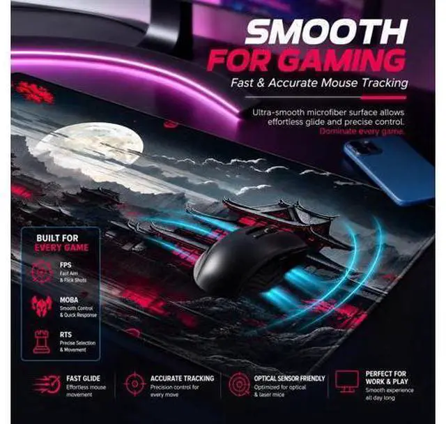 Alt view image 4 of 7 - Anime Mouse Pad, 31.5 x 11.8" Large Mouse Pad for Desk, Expanded Black Gaming Mousepad with Stitched Edges, Non-Slip Japanese Dark Moon Keyboard Mat for Gaming Home Office