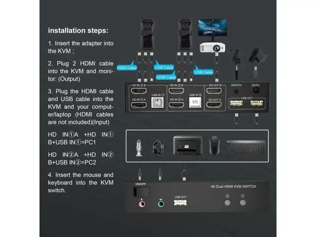 Alt view image 6 of 7 - wusu Dual Monitor KVM Switch HDMI 2 Port, 4K@60Hz KVM Switch 2 Monitors 2 Computers with Audio Microphone Output and 3 USB Ports, PC Dual Monitor Keyboard Mouse Switcher