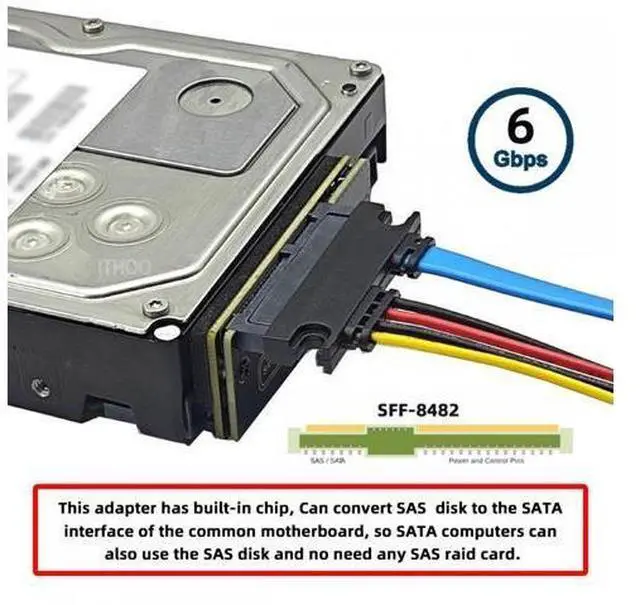 Alt view image 6 of 7 - CY SFF-8482 SAS 29Pin to 7+15 22Pin SATA Hard Disk Drive Raid Adapter with Chipset and Power Port