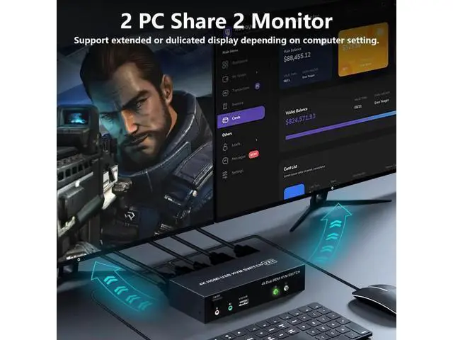 Alt view image 7 of 7 - Dual Monitor KVM Switch HDMI 2 Port, 4K@60Hz KVM Switch 2 Monitors 2 Computers with Audio Microphone Output and 3 USB Ports, PC Dual Monitor Keyboard Mouse Switcher
