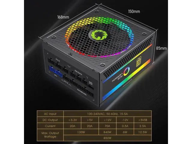 Alt view image 2 of 7 - Power Supply 850W Fully Modular 80+ Gold Certified with Addressable RGB Light - Vairous Color Mode, RGB-850W