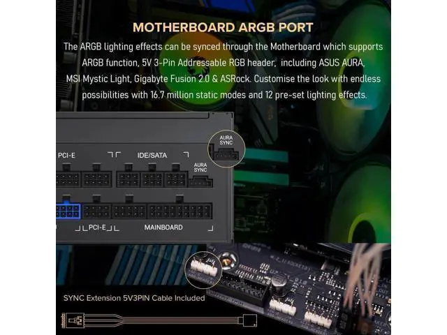 Alt view image 4 of 7 - Power Supply 850W Fully Modular 80+ Gold Certified with Addressable RGB Light - Vairous Color Mode, RGB-850W