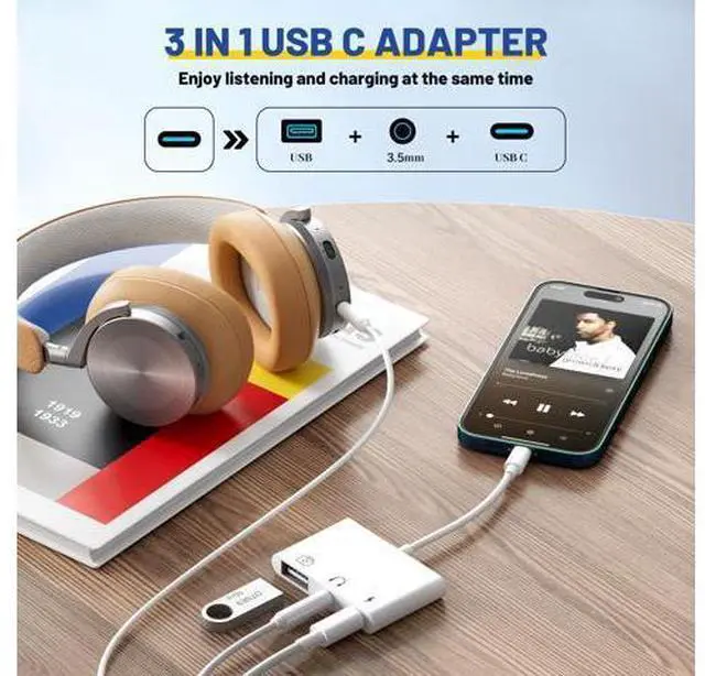 Alt view image 2 of 7 - USB C to USB Adapter 3 in 1 USB C to 3.5mm Audio Adapter for iPad USB Adapter