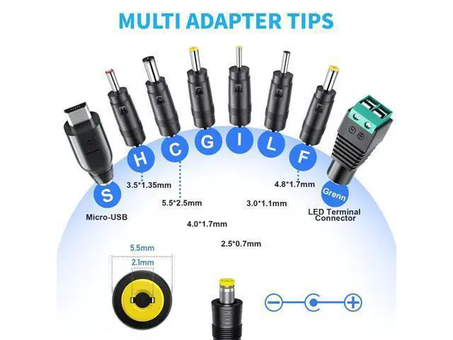 Alt view image 3 of 7 - 12V Power Supply Universal AC DC Adapter Charger with Adjustable Output 5V 9V 3V 6V 4.5V 7.5V 12 Volt 1A 1.5A 2A for LED Strip Light CCTV Camera BT Speaker GPS Webcam Router, 5 FT Cord, 30W