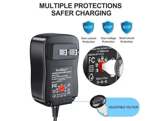 Alt view image 2 of 7 - 12V Power Supply Universal AC DC Adapter Charger with Adjustable Output 5V 9V 3V 6V 4.5V 7.5V 12 Volt 1A 1.5A 2A for LED Strip Light CCTV Camera BT Speaker GPS Webcam Router, 5 FT Cord, 30W