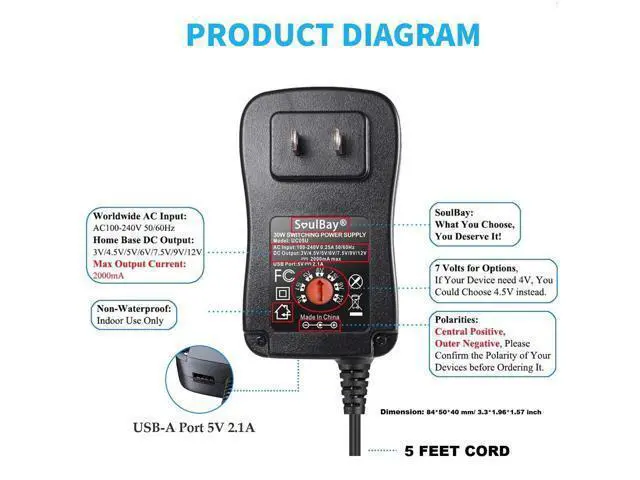 Alt view image 5 of 7 - 12V Power Supply Universal AC DC Adapter Charger with Adjustable Output 5V 9V 3V 6V 4.5V 7.5V 12 Volt 1A 1.5A 2A for LED Strip Light CCTV Camera BT Speaker GPS Webcam Router, 5 FT Cord, 30W