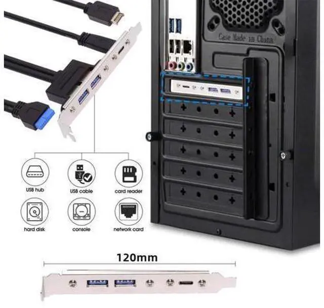 Alt view image 2 of 5 - chenyang USB 3.0 Front Panel Header 19/20Pin & Type-E to 2 USB 3.0 & USB C Female Chassis Back Panel Port Extension Cable with 12cm PCI-E Slot Bracket