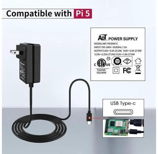 Alt view image 3 of 7 - 27W Power Supply for Raspberry Pi 5 PD Adapter USB C Power Adapter for Raspberry Pi 5 16GB/8GB/4GB/2GB