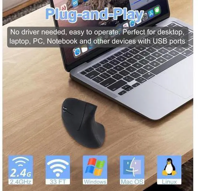 Alt view image 2 of 5 - Wireless Mouse Ergonomic Left Handed Vertical Mouse with USB Receiver LED Light 6 Buttons 2.4GHz Optical Portable Rechargeable Computer Mice for Laptop PC Desktop Notebook Kids Adults Gifts (Black)