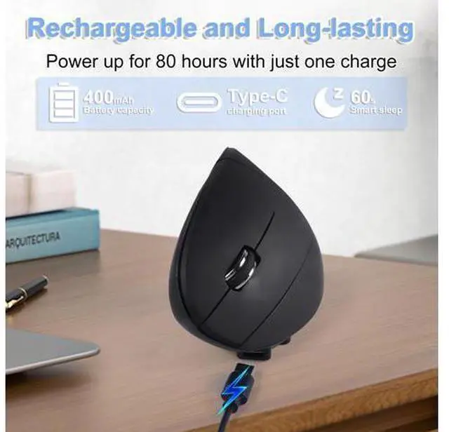 Alt view image 5 of 5 - Wireless Mouse Ergonomic Left Handed Vertical Mouse with USB Receiver LED Light 6 Buttons 2.4GHz Optical Portable Rechargeable Computer Mice for Laptop PC Desktop Notebook Kids Adults Gifts (Black)