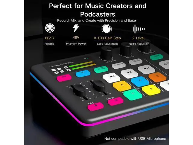 Alt view image 2 of 7 - _Mega Brand Gaming Audio Mixer, Audio Interface with Pro-preamp, Voice Changer & DJ Mixer Effects, 48V Phantom Power, Bluetooth & RGB Live Sound Card for Streaming, Podcasting, Gaming