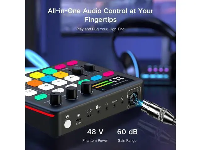 Alt view image 6 of 7 - _Mega Brand Gaming Audio Mixer, Audio Interface with Pro-preamp, Voice Changer & DJ Mixer Effects, 48V Phantom Power, Bluetooth & RGB Live Sound Card for Streaming, Podcasting, Gaming