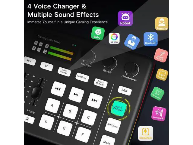 Alt view image 3 of 7 - _Mega Brand Gaming Audio Mixer, Audio Interface with Pro-preamp, Voice Changer & DJ Mixer Effects, 48V Phantom Power, Bluetooth & RGB Live Sound Card for Streaming, Podcasting, Gaming