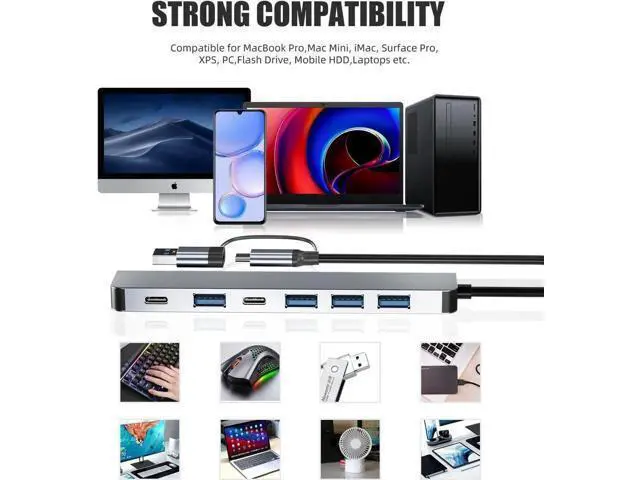 Alt view image 6 of 7 - USB C & USB Hub, 7 in 1 USB Adapter with 7 Port USB Hub,USB C Splitter with 2*USB C Ports,5*USB-A Ports, USB Extension Adapter for Laptop and PC Computer