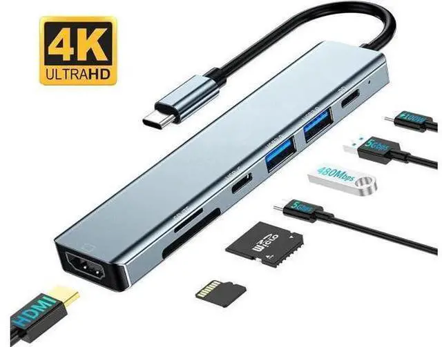Main image of USB C Hub, USB Hub to HDMI Multiport, USB C Dongle Adapter 7 in 1 with 4K HDMI Output, USB 3.0 Ports, USB 2.0 Ports,SD/Micro SD Card Reader,100W PD, USB C Data Port For Type C Devices