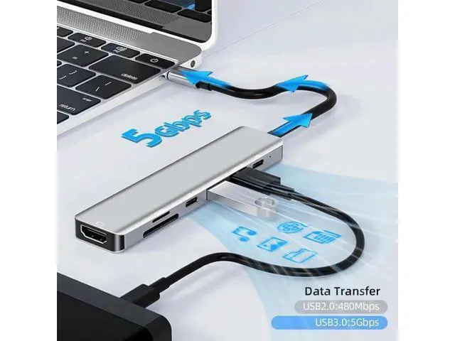 Alt view image 6 of 7 - USB C Hub, USB Hub to HDMI Multiport, USB C Dongle Adapter 7 in 1 with 4K HDMI Output, USB 3.0 Ports, USB 2.0 Ports,SD/Micro SD Card Reader,100W PD, USB C Data Port For Type C Devices