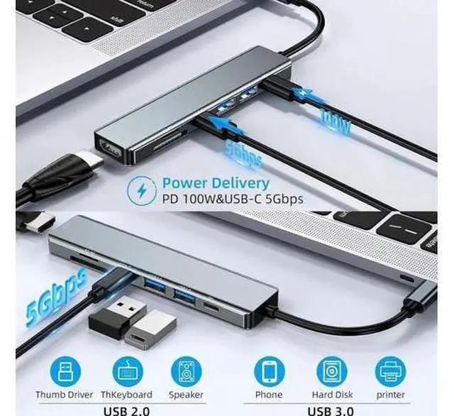 Alt view image 4 of 7 - USB C Hub, USB Hub to HDMI Multiport, USB C Dongle Adapter 7 in 1 with 4K HDMI Output, USB 3.0 Ports, USB 2.0 Ports,SD/Micro SD Card Reader,100W PD, USB C Data Port For Type C Devices