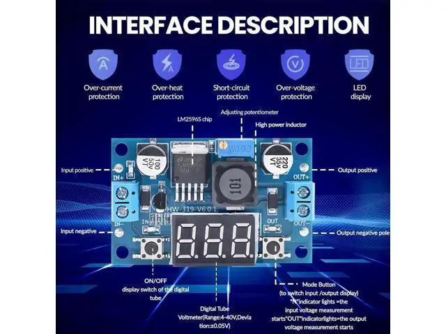 Alt view image 7 of 7 - LM2596 Adjustable DC-DC Step-Down Buck Converter Module with LED Voltmeter Display, Voltage Regulator 4.0-40V Input to 1.25-37V Output Power Supply Module