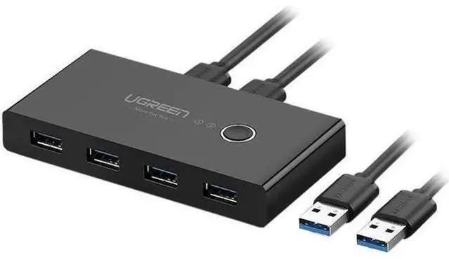 Main image of UGREEN USB 3.0 Sharing Switch Selector 4 Port 2 Computers Peripheral Switcher Adapter Hub for PC, Printer, Scanner, Mouse, Keyboard with One Button Swapping and 2 Pack USB Male Cable