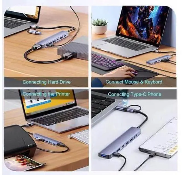 Alt view image 2 of 7 - USB Splitter HUB, 7 in 1 Multiport USB C Adapter with 1 USB 3.0,4 USB 2.0, 60W PD, USB-C Port Compatible for MacBook, Surface Pro/Go, Pad Pro/Air, Laptop and More USB A & Type C Devices