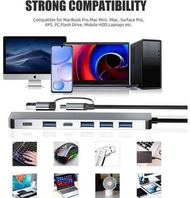 Alt view image 3 of 7 - USB Splitter HUB, 7 in 1 Multiport USB C Adapter with 1 USB 3.0,4 USB 2.0, 60W PD, USB-C Port Compatible for MacBook, Surface Pro/Go, Pad Pro/Air, Laptop and More USB A & Type C Devices