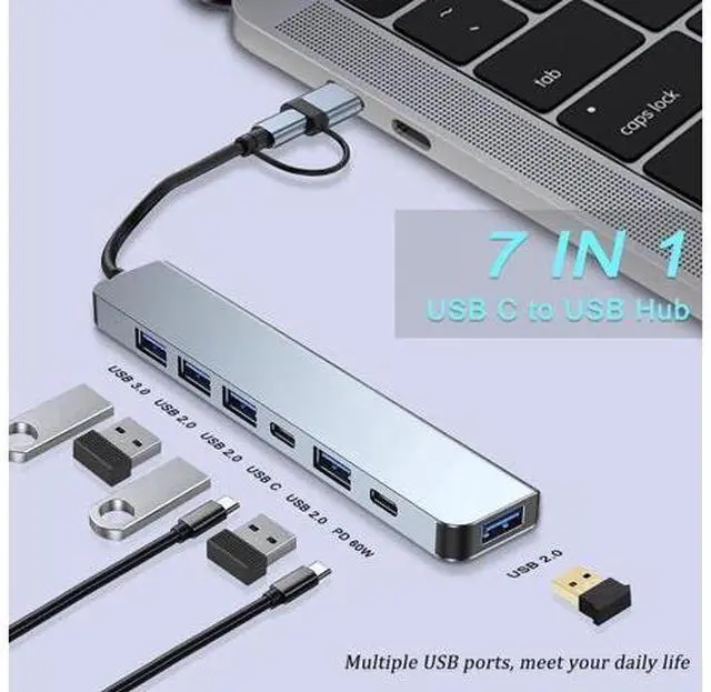 Alt view image 5 of 7 - USB Splitter HUB, 7 in 1 Multiport USB C Adapter with 1 USB 3.0,4 USB 2.0, 60W PD, USB-C Port Compatible for MacBook, Surface Pro/Go, Pad Pro/Air, Laptop and More USB A & Type C Devices