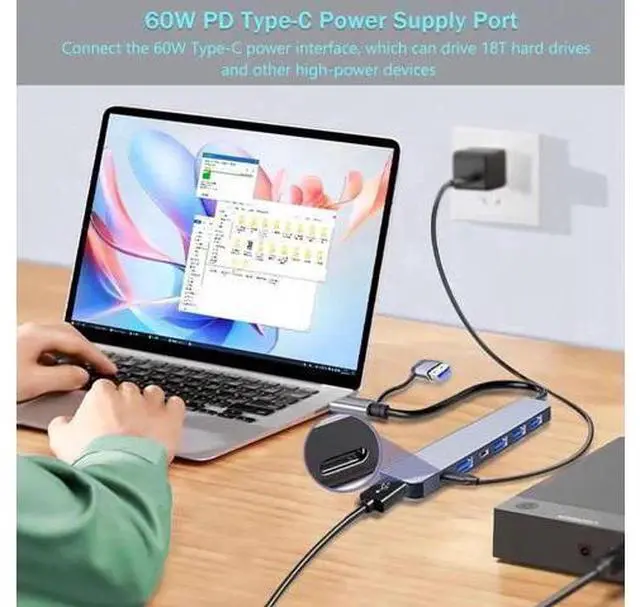 Alt view image 6 of 7 - USB Splitter HUB, 7 in 1 Multiport USB C Adapter with 1 USB 3.0,4 USB 2.0, 60W PD, USB-C Port Compatible for MacBook, Surface Pro/Go, Pad Pro/Air, Laptop and More USB A & Type C Devices