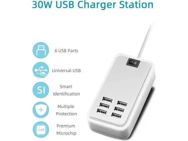 Alt view image 2 of 4 - 6 Ports USB Charger Hub Desktop US Plug AC Power Wall Travel Charging Adapter Slots Charging Station Extension Socket Outlet with Cable