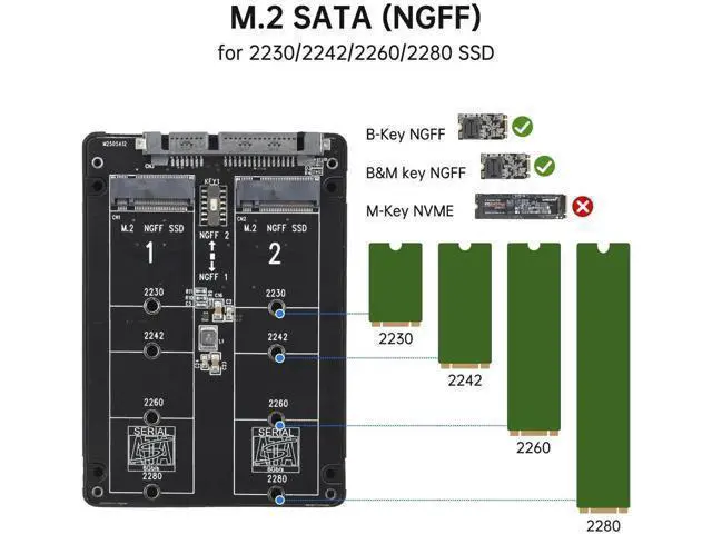 Alt view image 3 of 6 - M.2 SATA NGFF to SATA Adapter (Not Support NVME/ M.2 PCIE) 6Gbps Dual NGFF MSATA B Key/ B&M Key SSD to 2.5" III Converter Adapter Max 4TB Support 2230 2242 2260 2280 SSDs