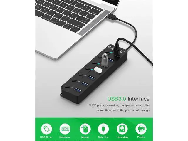 Alt view image 4 of 7 - Powered USB Hub, 7 Port USB 3.0 Data Hub Splitter with 5V DC Power Adapter and Independent On/Off Switch USB Port Hub Expander for MacBook Laptop PC and More(Black)