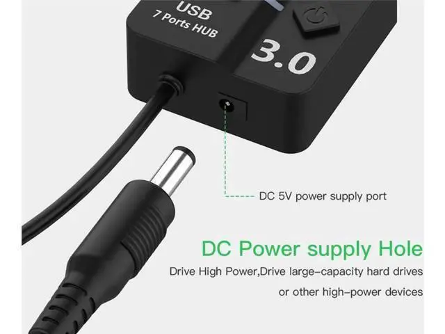Alt view image 7 of 7 - Powered USB Hub, 7 Port USB 3.0 Data Hub Splitter with 5V DC Power Adapter and Independent On/Off Switch USB Port Hub Expander for MacBook Laptop PC and More(Black)