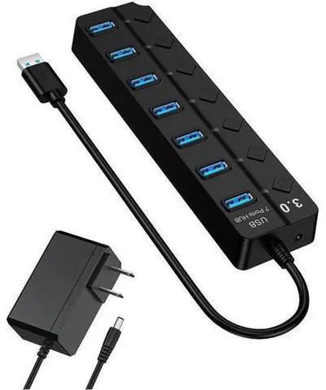 Main image of 7-Port Powered USB 3.0 Hub, Super Speed USB 3.0 Hub, USB Extender, Data Hub with 5V DC Power Adapter for MacBook, Mac Pro, Mac Mini, Laptop, Desktop