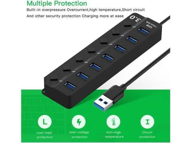 Alt view image 7 of 7 - 7-Port Powered USB 3.0 Hub, Super Speed USB 3.0 Hub, USB Extender, Data Hub with 5V DC Power Adapter for MacBook, Mac Pro, Mac Mini, Laptop, Desktop