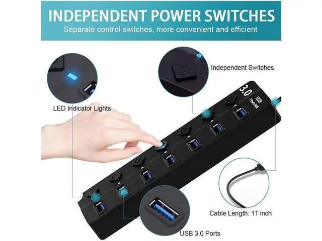 Alt view image 6 of 7 - Powered USB Hub, 7 Port USB 3.0 Data Hub Splitter with 5V DC Power Adapter and Independent On/Off Switch USB Port Hub Expander for MacBook Laptop PC and More(Black)