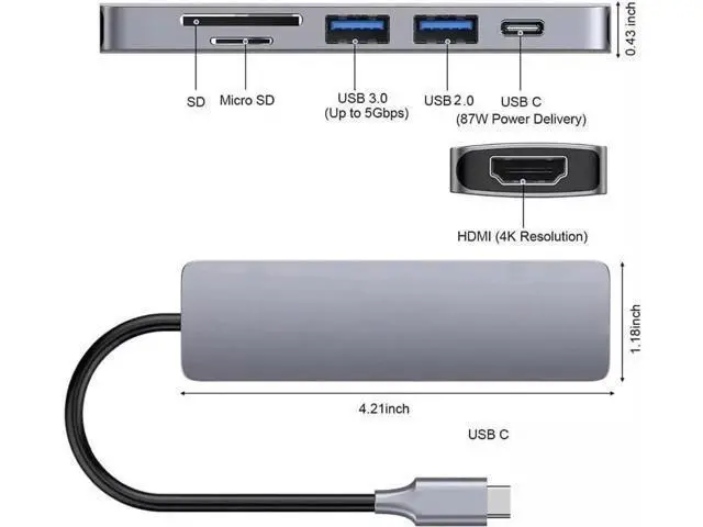 Alt view image 3 of 7 - USB C Hub, USB Hub to HDMI Multiport USB C Dongle Adapter 6 in 1 with 4K HDMI Output, USB A 3.0&2.0Ports,SD/Micro SD Card Reader,100W PD,Compatible with MacBook Pro Air and More Type C