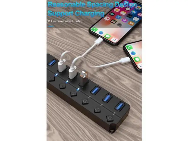 Alt view image 3 of 7 - USB 3.0 Hub, 7 Port Powered USB Hub Expander USB 3.0 Data Port hub with Universal 5V DC Adapter and Individual On/Off Switches USB Splitter for Laptop and PC(Black)