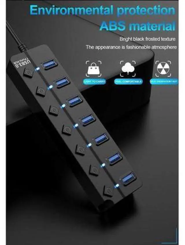 Alt view image 2 of 7 - USB Hub 3.0 Powered, USB Extender 7-Port Data USB Hub with Power Adapter, USB Splitter with On/Off Switches for MacBook, Mac Pro/Mini, iMac, Surface Pro Laptop/PC