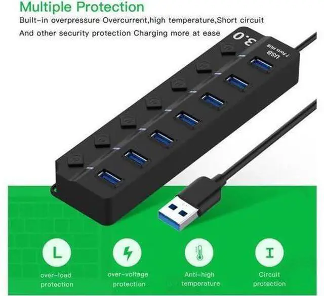 Alt view image 6 of 7 - USB Hub 3.0 Powered, USB Extender 7-Port Data USB Hub with Power Adapter, USB Splitter with On/Off Switches for MacBook, Mac Pro/Mini, iMac, Surface Pro Laptop/PC