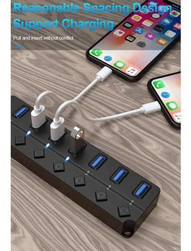Alt view image 7 of 7 - USB Hub 3.0 Powered, USB Extender 7-Port Data USB Hub with Power Adapter, USB Splitter with On/Off Switches for MacBook, Mac Pro/Mini, iMac, Surface Pro Laptop/PC
