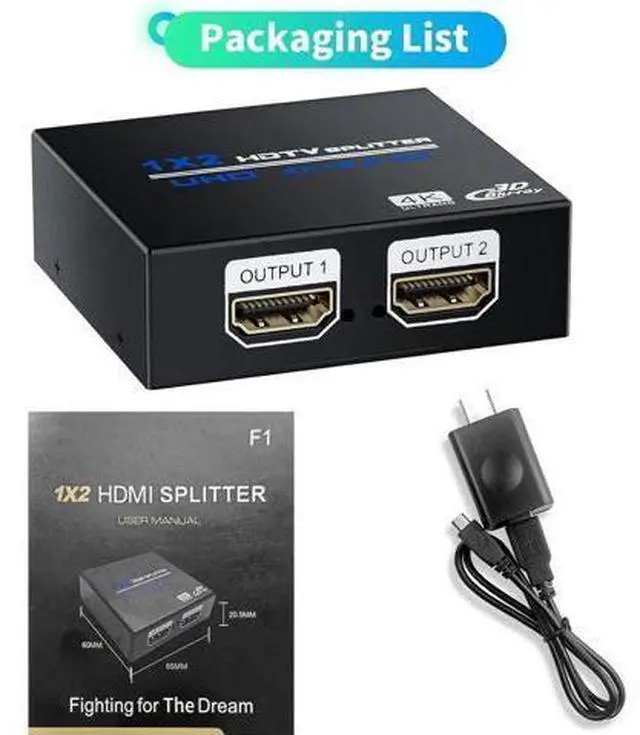 Alt view image 4 of 7 - HDMI Splitter 1 in 2 Out 4K, 1x2 Powered HDMI Multi-Port Adapter for Dual Monitor, Support 4K UltraHD 3D HDR, Duplicate/Mirror Screens, Ideal for Xbox Ps5 Ps4 Ps3 Fire Stick Blu-Ray Player HDTV