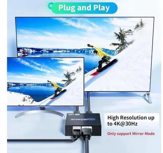 Alt view image 5 of 7 - HDMI Splitter 1 in 2 Out 4K, 1x2 Powered HDMI Multi-Port Adapter for Dual Monitor, Support 4K UltraHD 3D HDR, Duplicate/Mirror Screens, Ideal for Xbox Ps5 Ps4 Ps3 Fire Stick Blu-Ray Player HDTV
