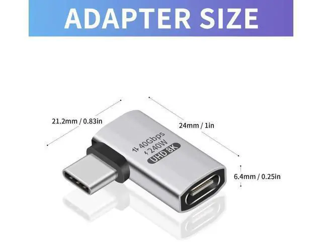 Alt view image 3 of 7 - 240W Right Angle USB-C Adapter, 40Gbps USB C 90 Degree Adapter Male to Female with 8K@60Hz Video Compatible for Thunderbolt 3/4, Switch, MacBookPro/Air, ipad and More Type C Devices (1 Pack)