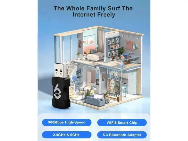 Alt view image 7 of 7 - 2-in-1 USB WiFi Adapter - WiFi Bluetooth Adapter, 900Mbps 2.4/5GHZ Dual Band WiFi and Bluetooth Adapter for PC/Laptop/Desktop, Driver Free Wpa3, WiFi 6 USB Bluetooth 5.3 Adapter, Win 10/11