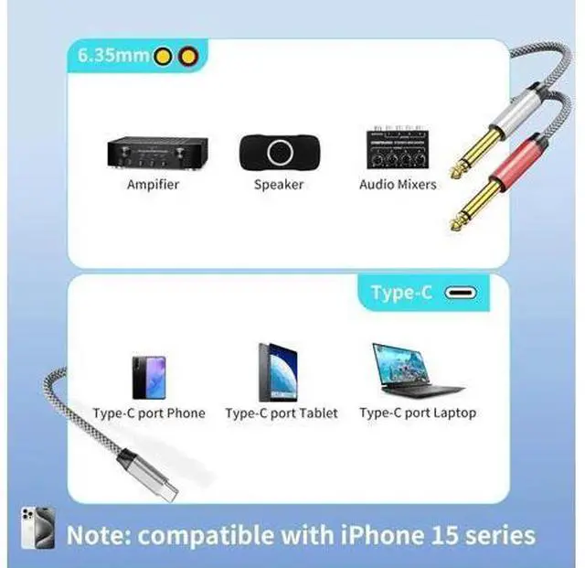 Alt view image 3 of 6 - USB C to Dual 6.35mm 1/4 inch TS Stereo Audio Y Splitter Cable 3FT for iPhone 15/15 Plus/15 Pro/15 Pro Max Amplifier Speaker and Mixer