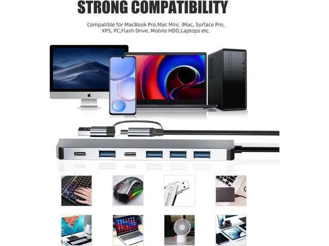 Alt view image 3 of 7 - Aluminum 7 in 1 USB Hub USB C Hub with USB 3.0, Multiport USB Splitter Expand with 5 USB Port 2 USBC Ports for MacBook Pro Air, for iPad Pro Laptop, Phones and More Devices