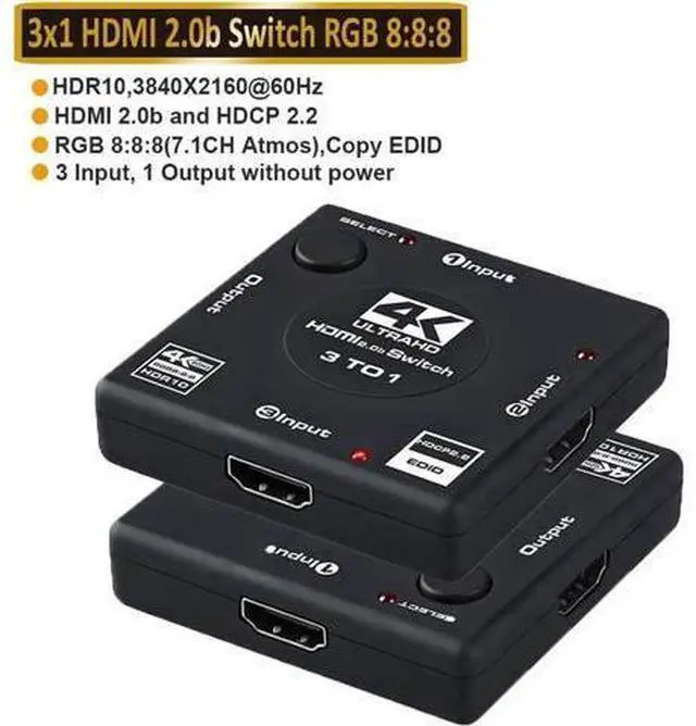 Main image of HDMI 2.0 Switch Splitter 3 Port 4K HDMI Switcher 3 in 1 Out HDMI Switches Selector Box with 3.9FT HDMI Cable Support HDCP 2.2 Support 4K@60Hz Ultra HD 3D 2160P 1080P